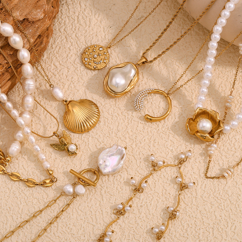 Women's 18k Gold Stainless Steel Waterproof Imitation Pearl Irregular Series Necklace