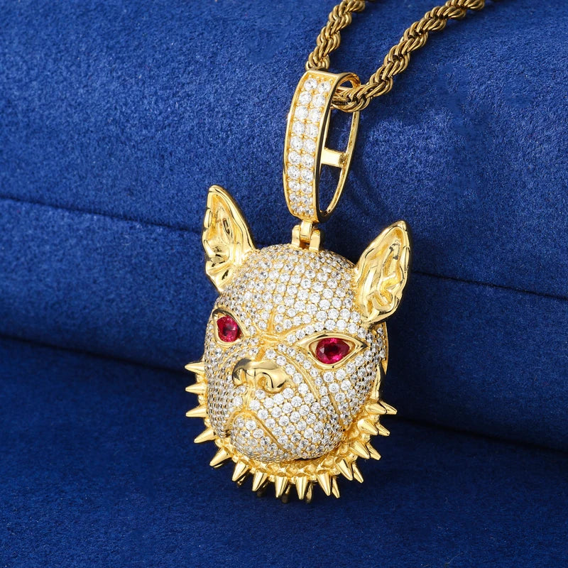 Frenchie | Moissanite Diamond 925 Sterling Silver Spiked Collar French Bull Dog Hip Hop Pendant