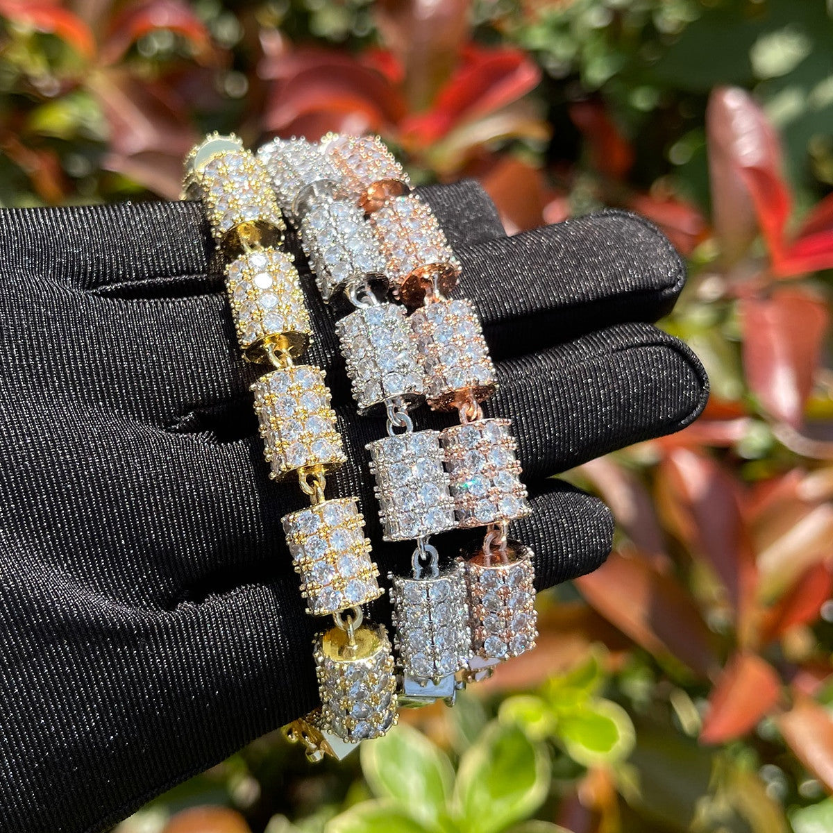 10mm 24k Gold Silver Rose Gold Cylinder Cut AAA Micro Pave Hip Hop