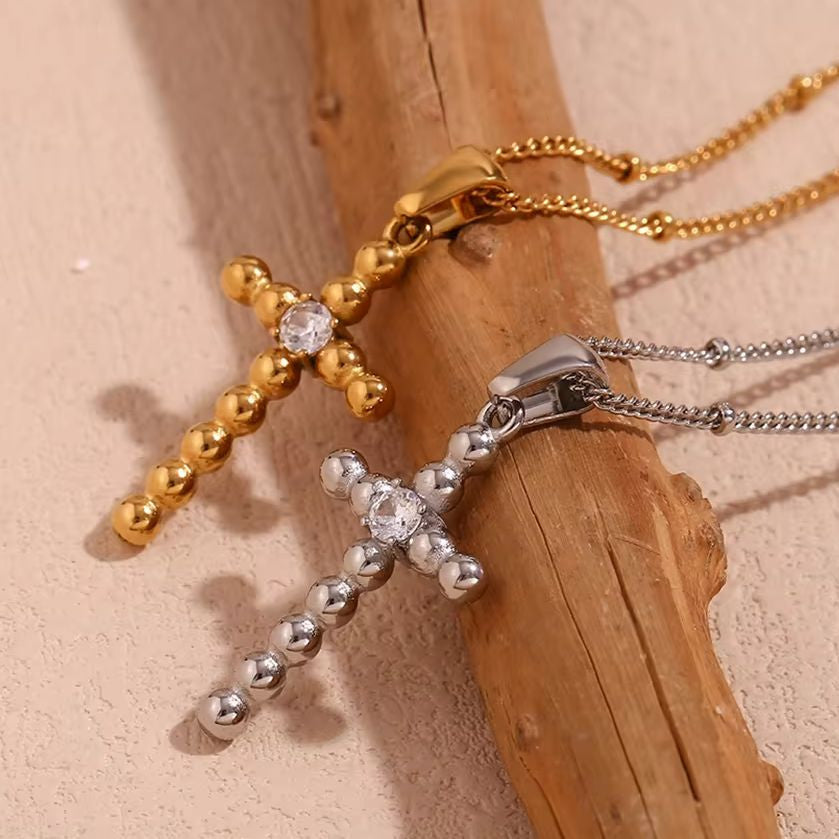 Ladies 18k Gold Silver Waterproof Tarnish Free Centerstone CZ Cross Pendant Necklace