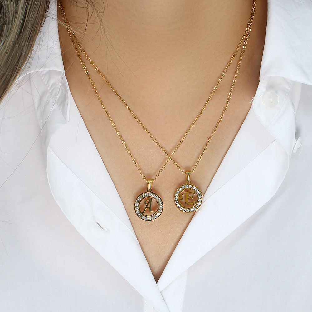18k Gold Waterproof Hollow Round CZ Paved 26 Alphabet Initial Necklace