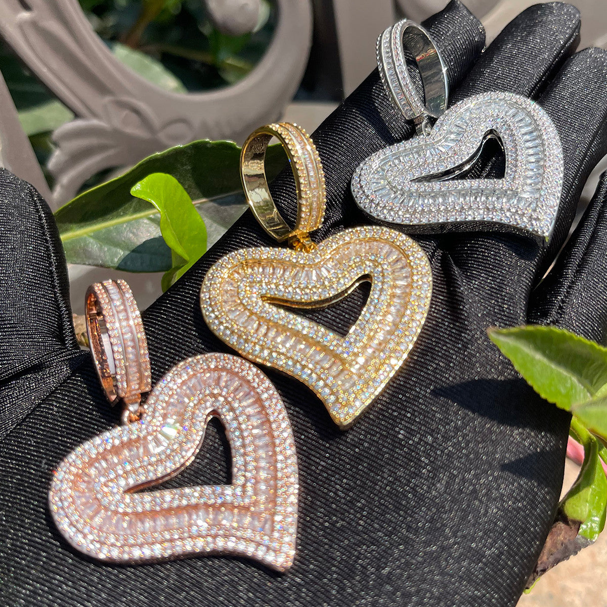 Love's Embrace | Gold Silver Rose Open Heart Of Love Iced Baguette Pendant