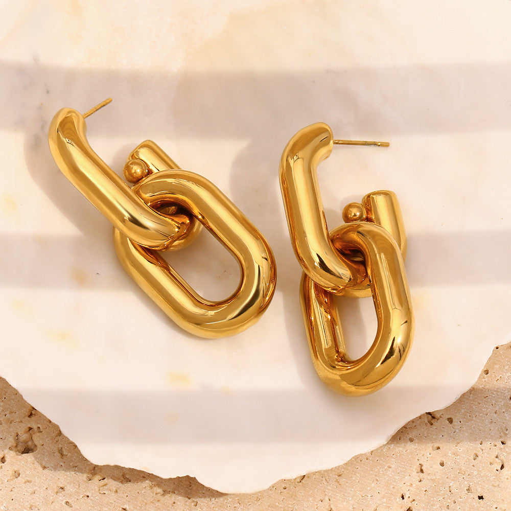 Ladies 18k Gold Stainless Steel Hollow Chain Link Dangle Waterproof Earrings