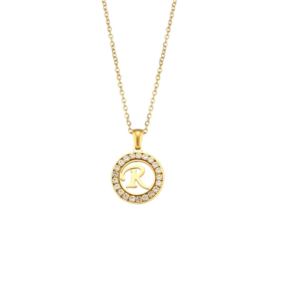 18k Gold Waterproof Hollow Round CZ Paved 26 Alphabet Initial Necklace