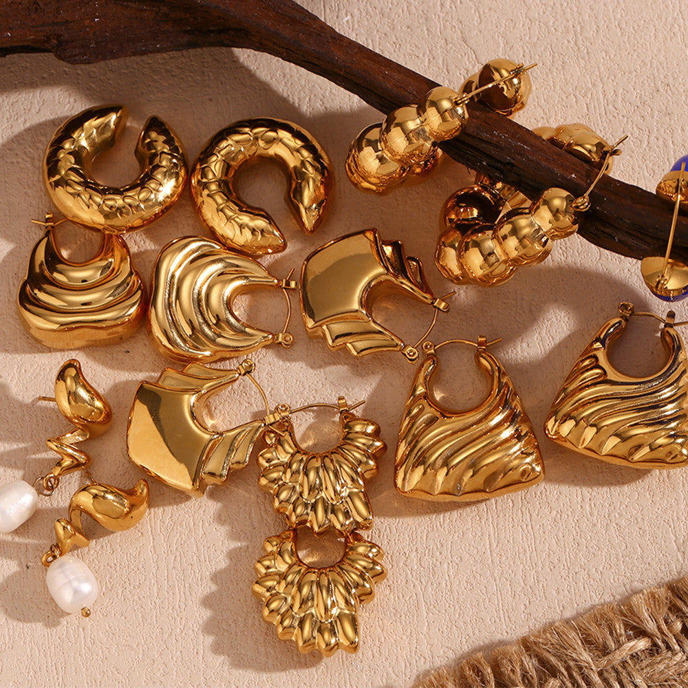 18k Gold Waterproof Irregular Snake Skin Pattern Spiral Flame Stainless Steel Earrings