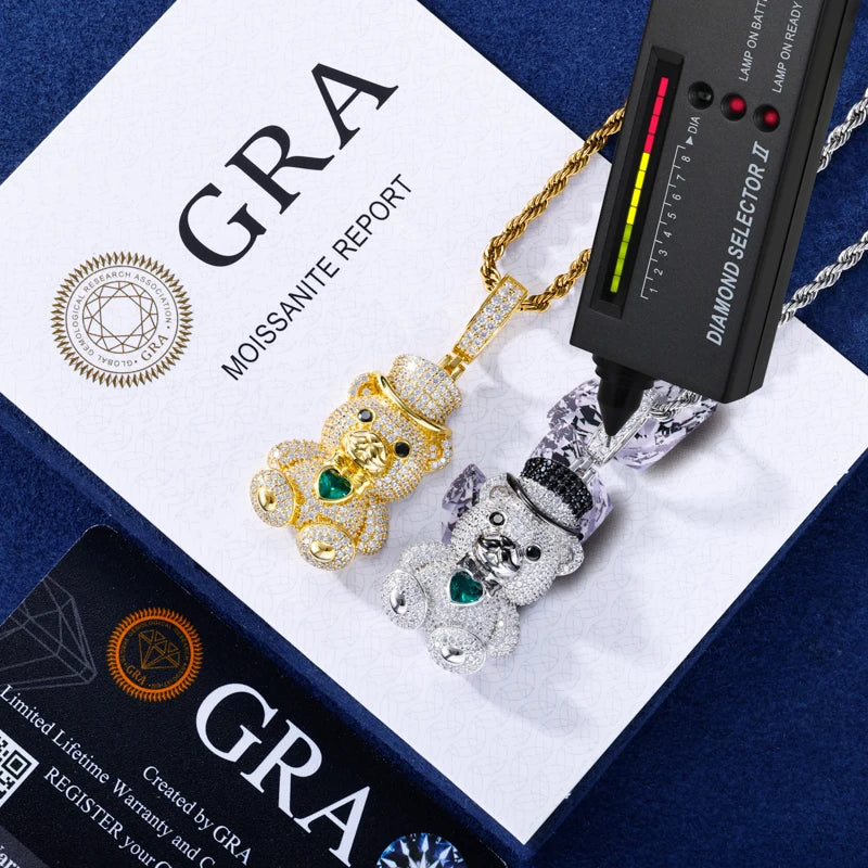 Gentleman Bear Family | 925 Sterling Silver Moissanite Diamond Iced Blinged Out Pendant