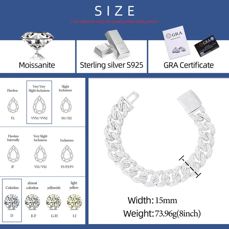 Cuban Delight | 15mm Luxury Embeded Cross Link  S925 Sterling Silver Moissanite Bracelet