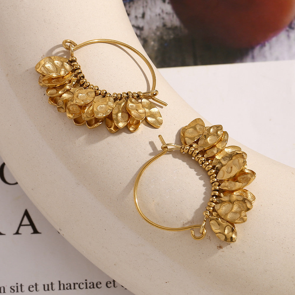 Stainless Steel 18k Gold Elegant Hammered Leaf Pattern Designer Style Earrings