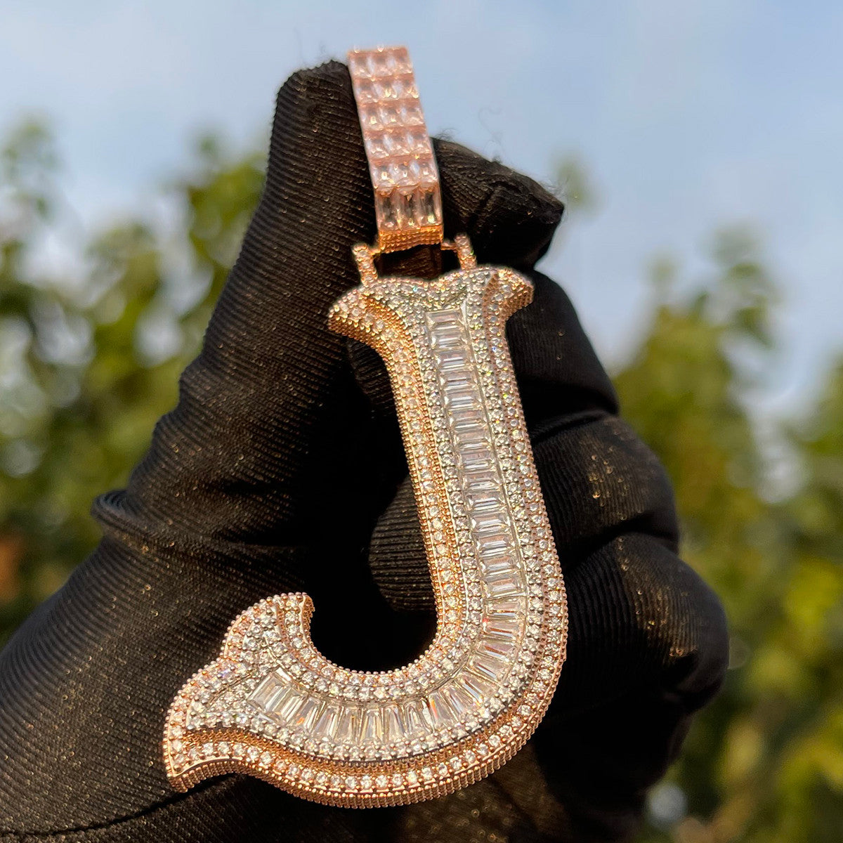 Alpha Baguette | Iced Blinged Out Initial Letter 4 Prong Set Hip Hop Pendants