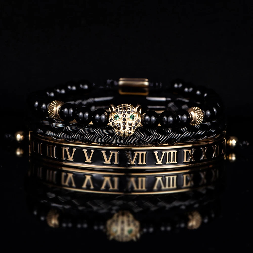 Imperial Force | Luxury Kings Crown 18k Gold Black Stainless Steel Bracelet 3 Piece Set