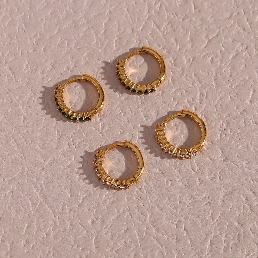 18k Gold over Stianless Steel Waterproof Green Round CZ Paved Huggie Hoop Earrings