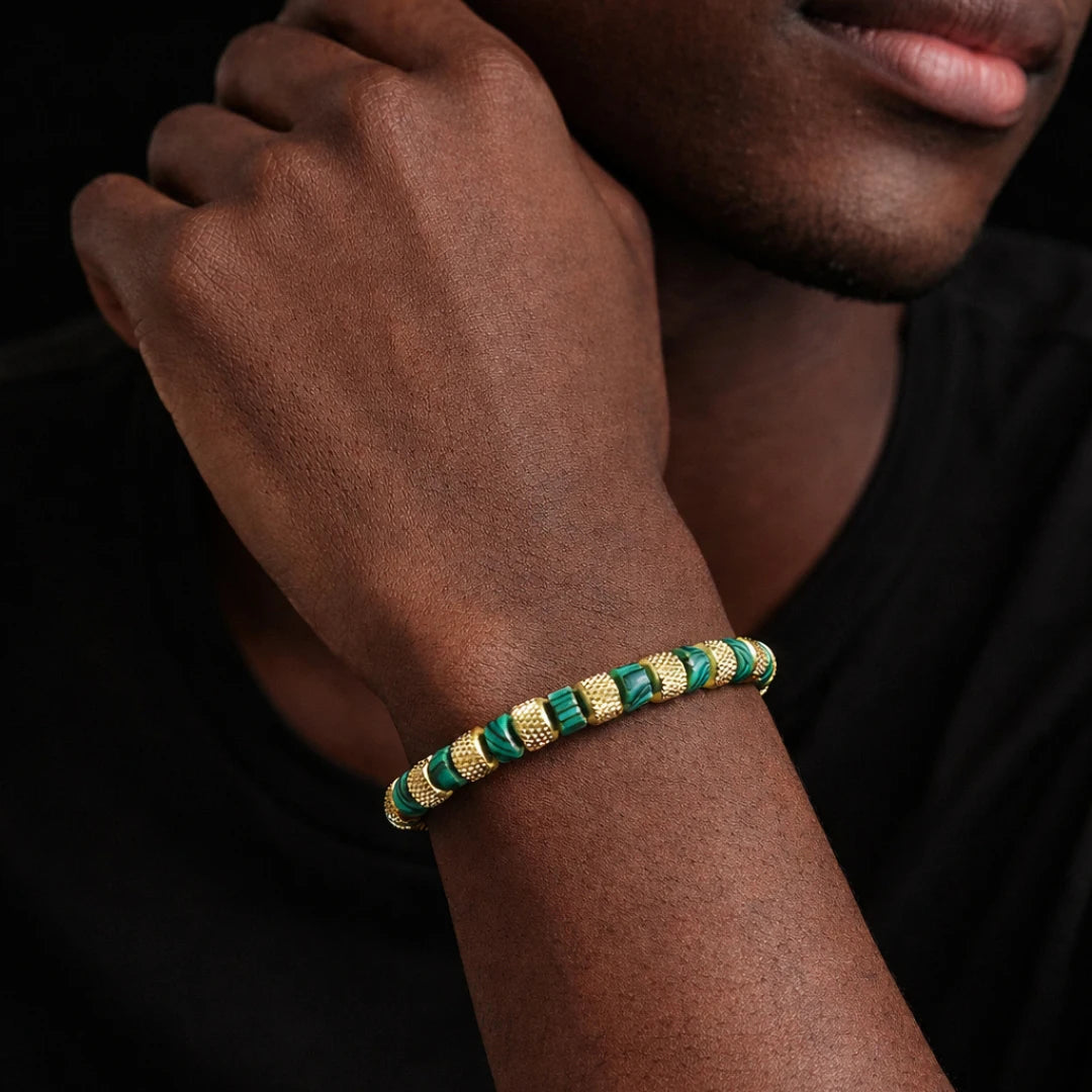 Natural Malachite |  18K Gold Over 304 Stainless Steel Mesh Beads Stone Elastic Stretch Bracelet