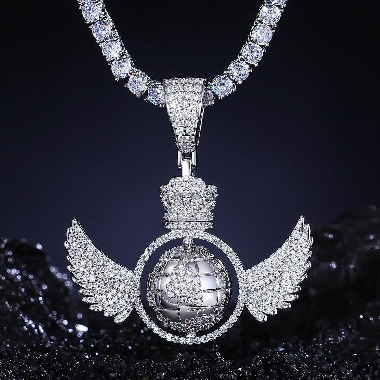 Genuine VVS Diamond Solid Sterling Silver International Baller Globe Wings Hip Hop Chain