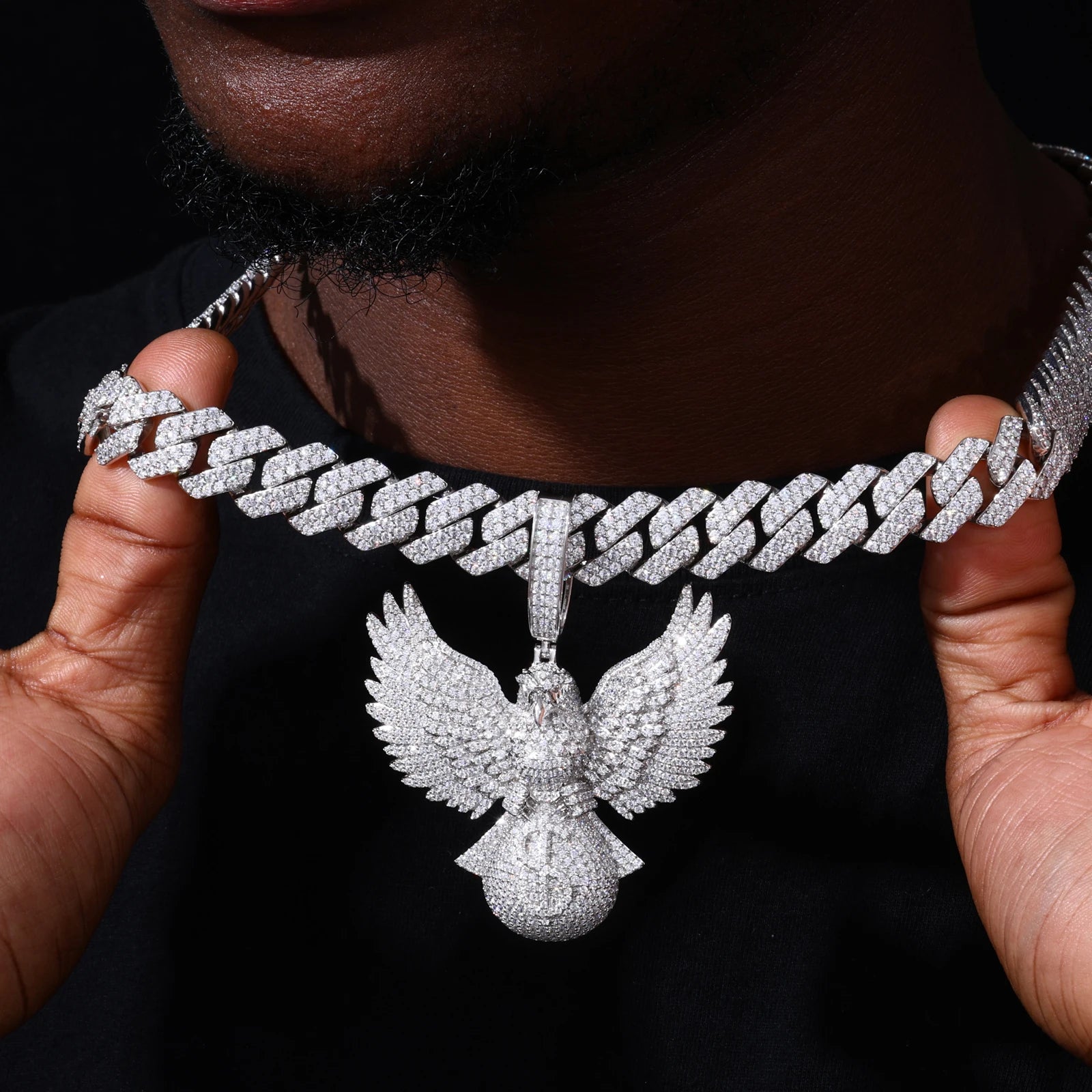 Fly High | Moissanite Diamond 925 Silver Soaring Eagle Holding Money Bag Iced Pendant