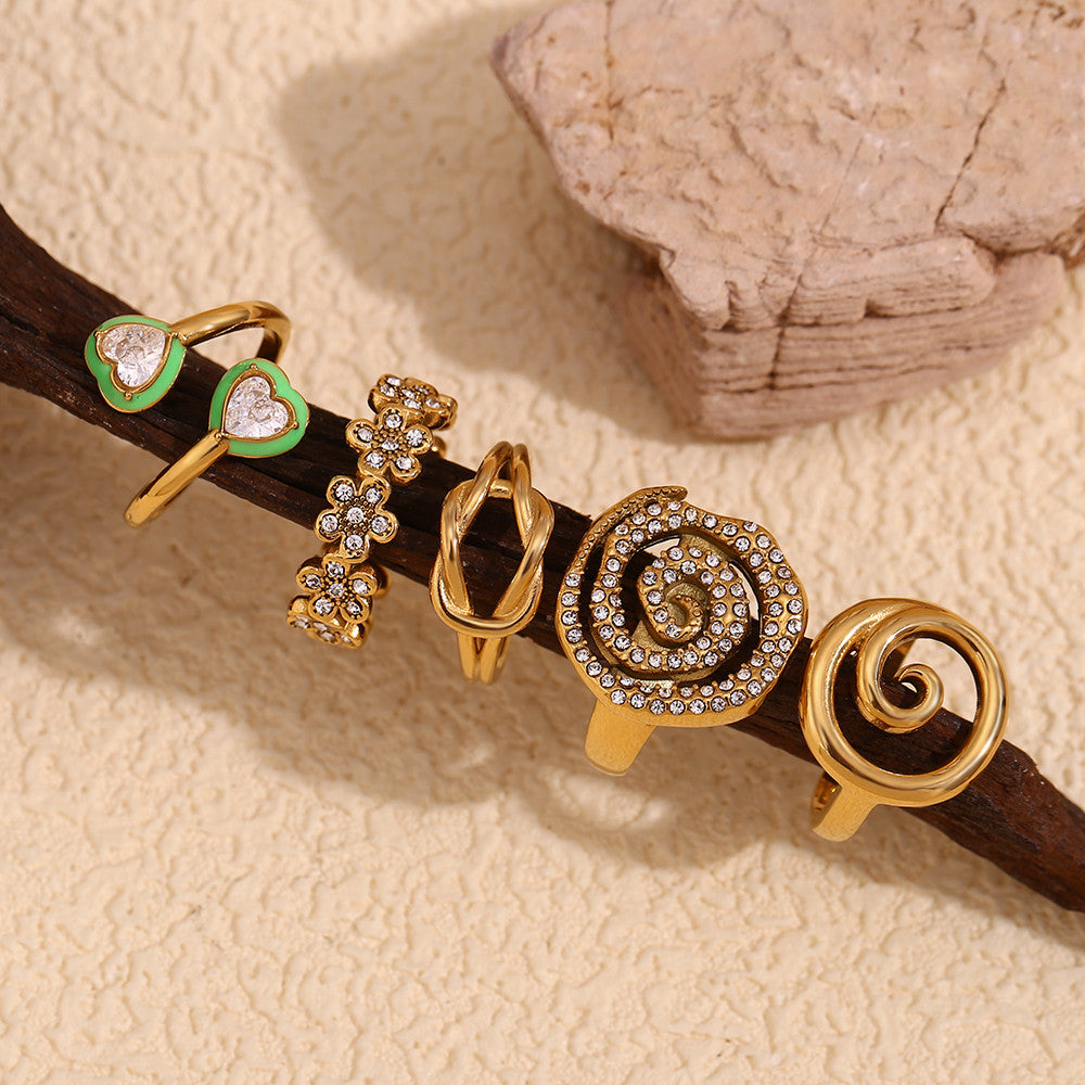 18k Gold Stainless Steel Flower Micro Inlaid Daisy Knot Double Layered Heart Rings