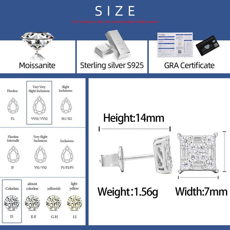 Certified Baguette Cut Moissanite Diamond 925 Solid Sterling Silver Hip Hop Stud Earring