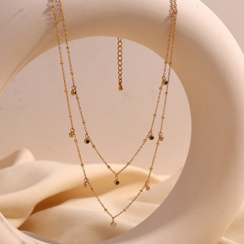 Ladies Stainless Steel Green White Zircon 18k Gold Waterproof Hypoallergenic Necklace