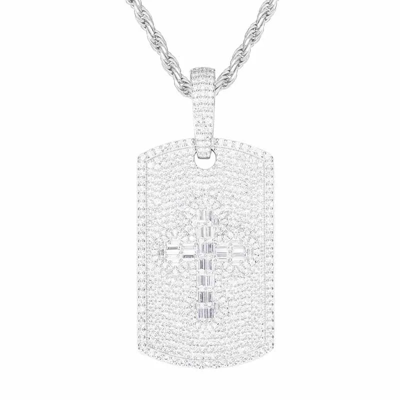 Tagged Baguette Cross | Moissanite Diamond Solid 925 Silver Hip Hop Dogtag Pendant