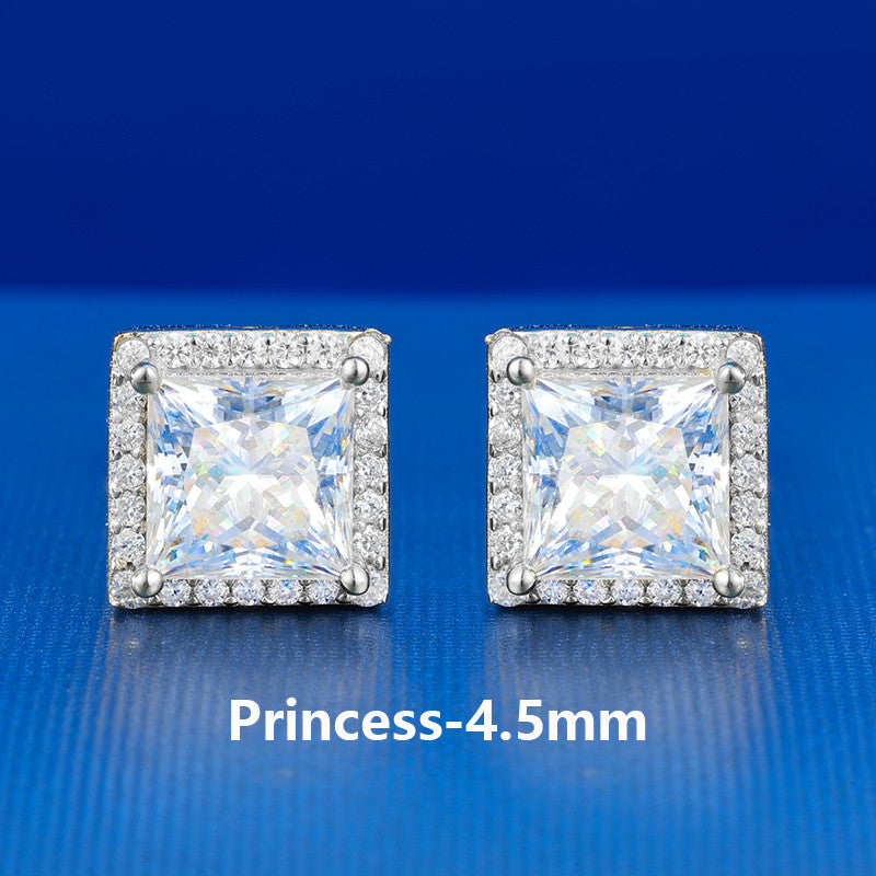 925 Sterling Silver Moissanite Diamond Halo Stud Hip Hop Princess Cut Earrings