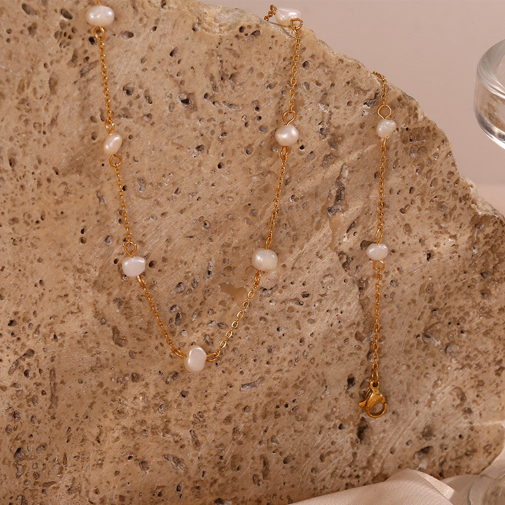 Ladies Anti-allergy 18k Gold Over Stainless Steel Freshwater Pearl Chain Necklace Bracelets Set