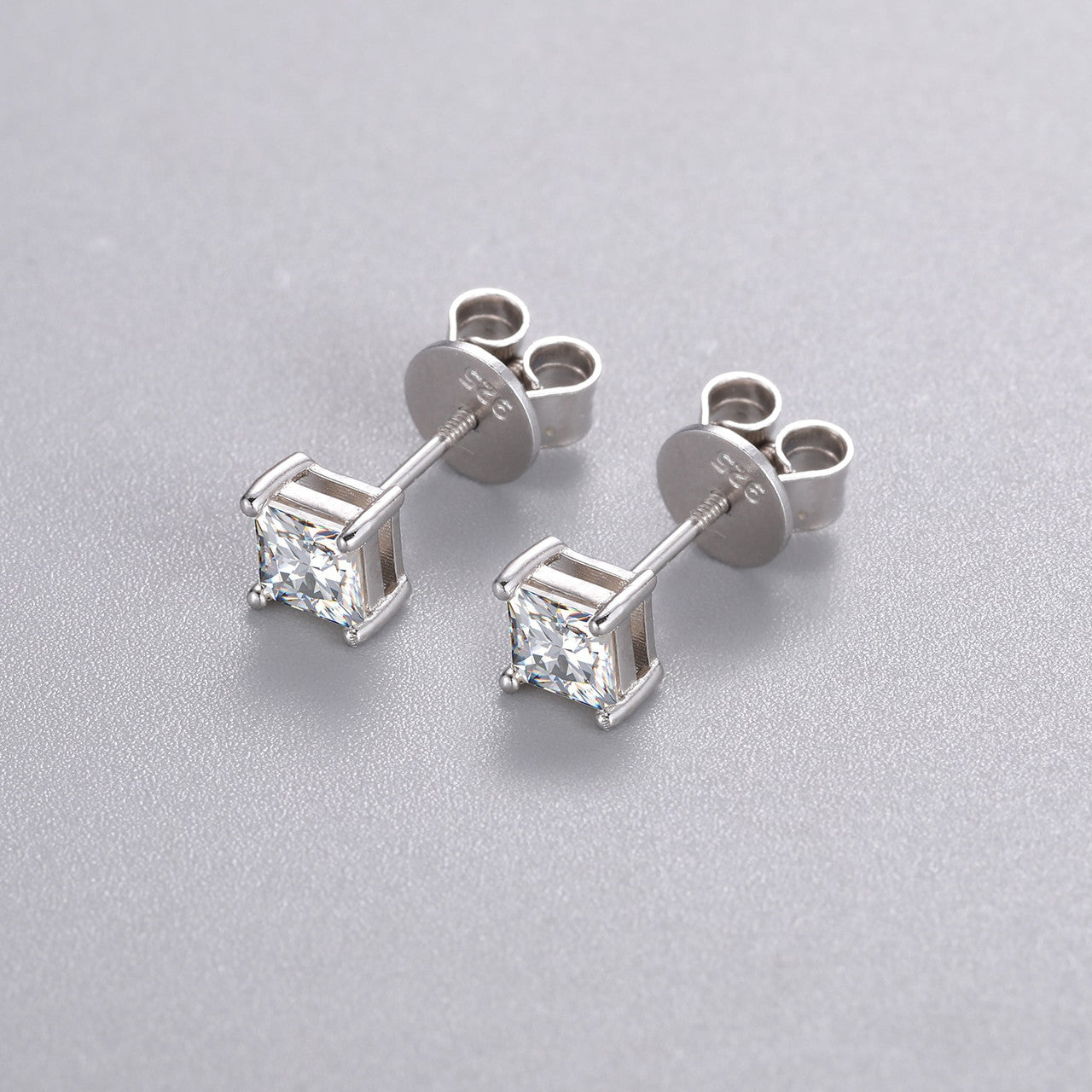 Solid Sterling Silver VVS Diamond Princess Cut 1ct Prong Set Stud Earrings