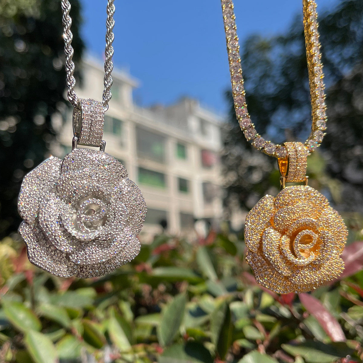 Sweet Diamond Rose | Ladies Iced Rose Flower Bling Superstar Chain Necklace