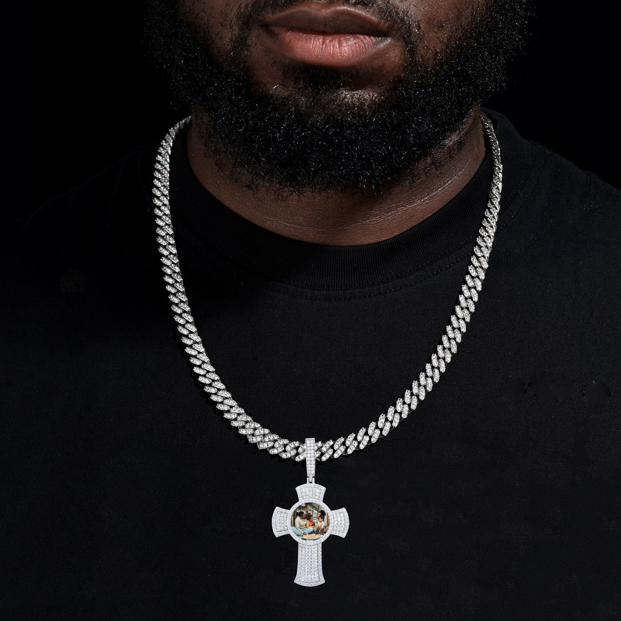 Memory Cross | Moissanite Diamond Solid 925 Silver Custom Photo Cross Iced Pendant