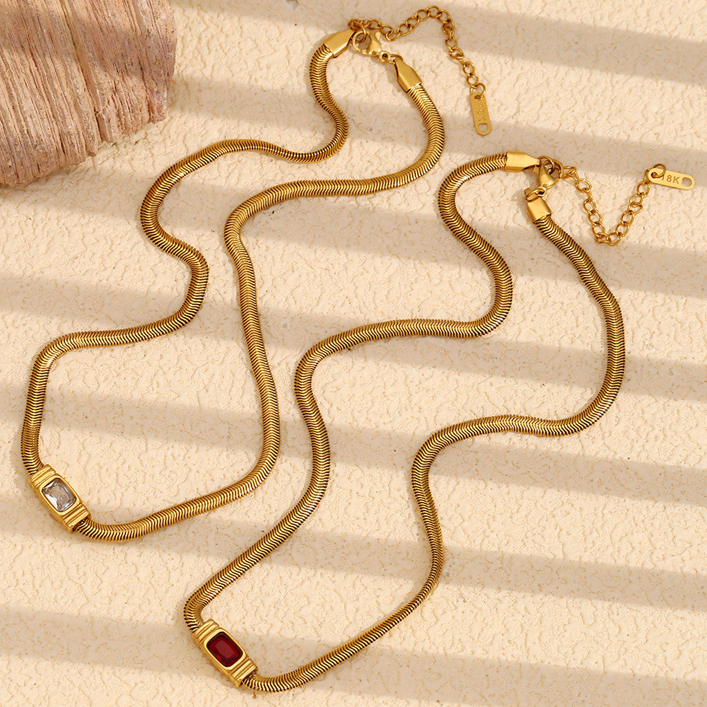 Women's 18k Gold Stainless Steel Waterproof Classic White/Red CZ Necklace Bracelet Set