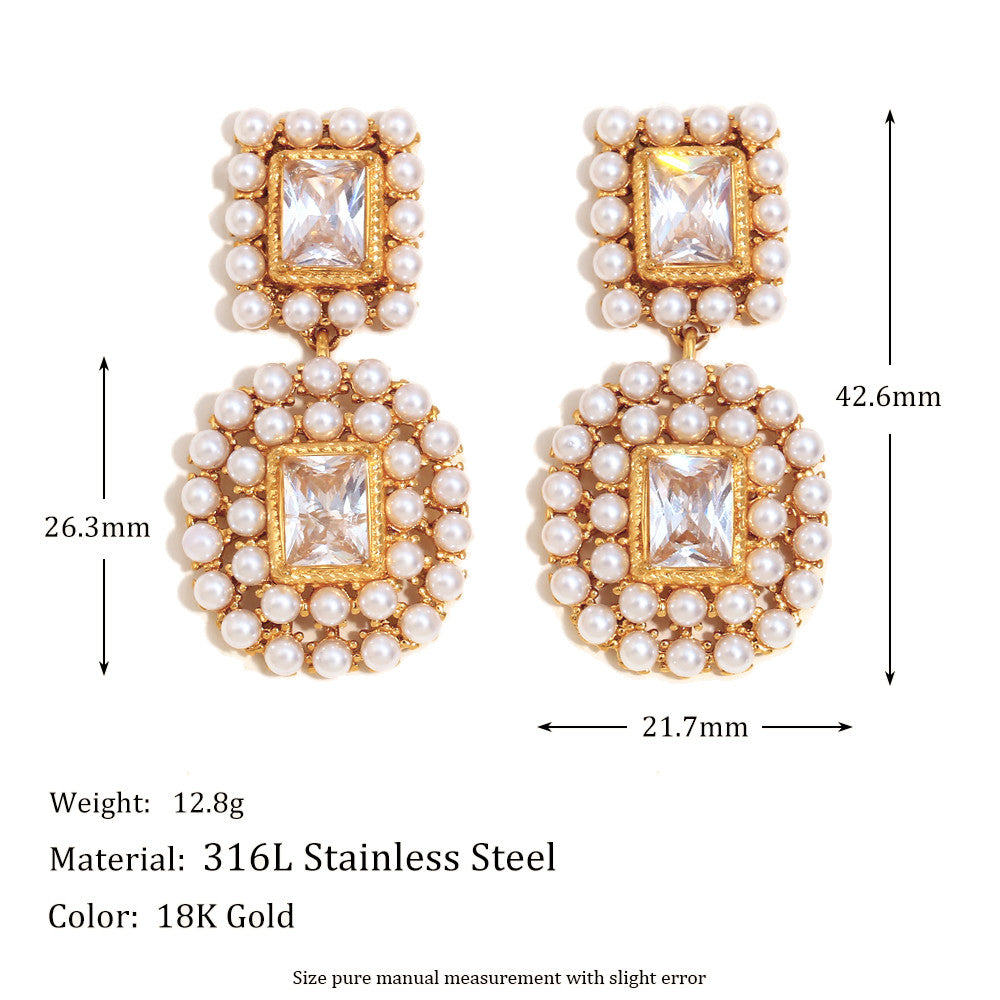 Ladies 18K Gold Waterproof Stainless Steel Luxury Square Zircon Full Pearl Stud Earrings