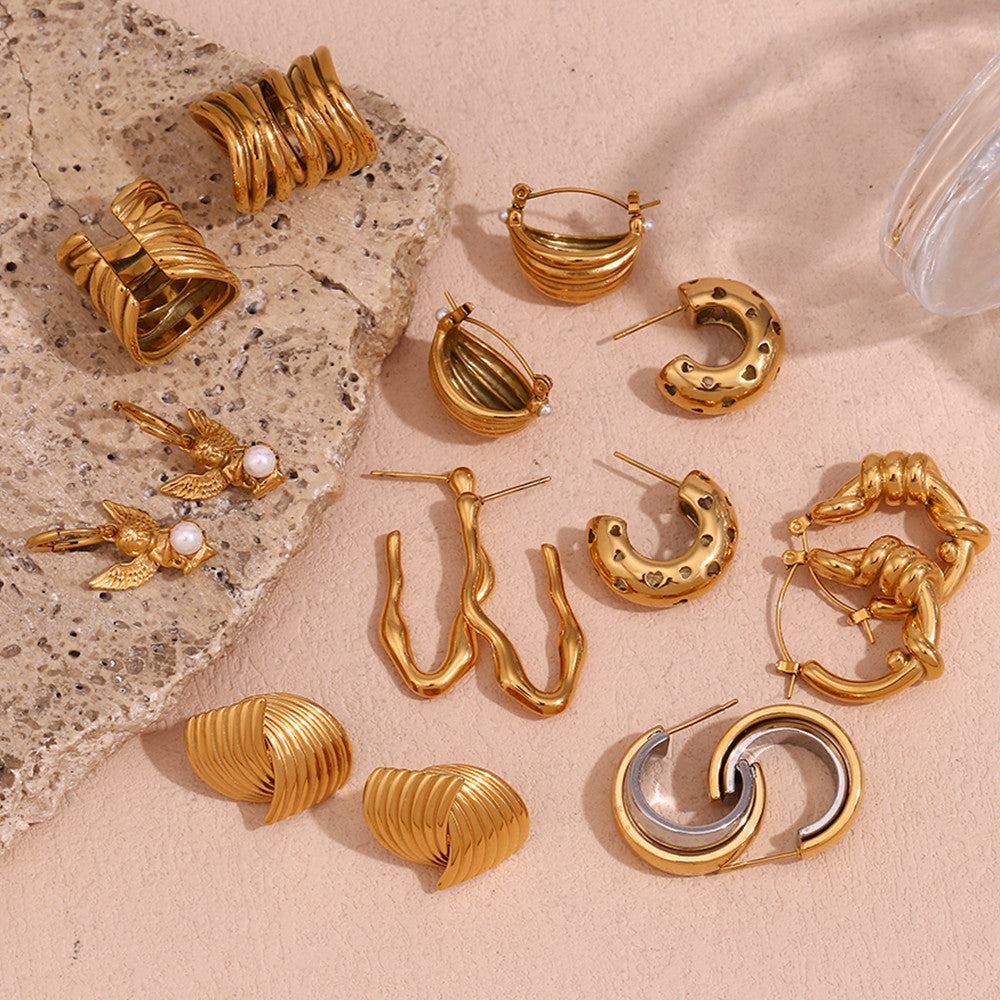 18k Gold Wrap Classic Circular Wave V-shaped Multi Layer Stainless Steel Earrings