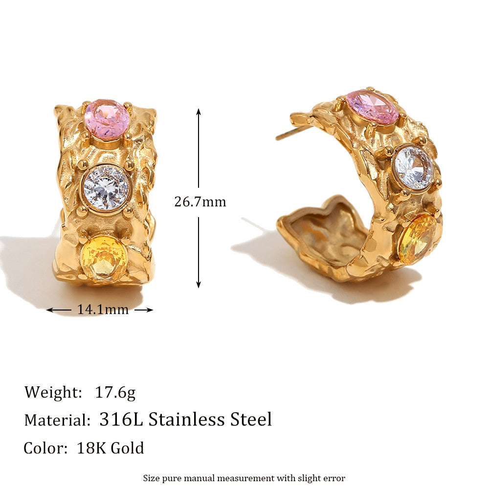 18k Gold Waterproof Irregular Colorful CZ Stainless Steel Bracelet Earring Ring Jewelry Set