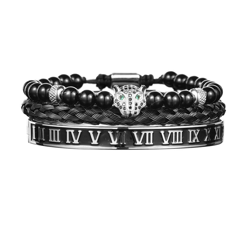 Imperial Force | Luxury Kings Crown 18k Gold Black Stainless Steel Bracelet 3 Piece Set