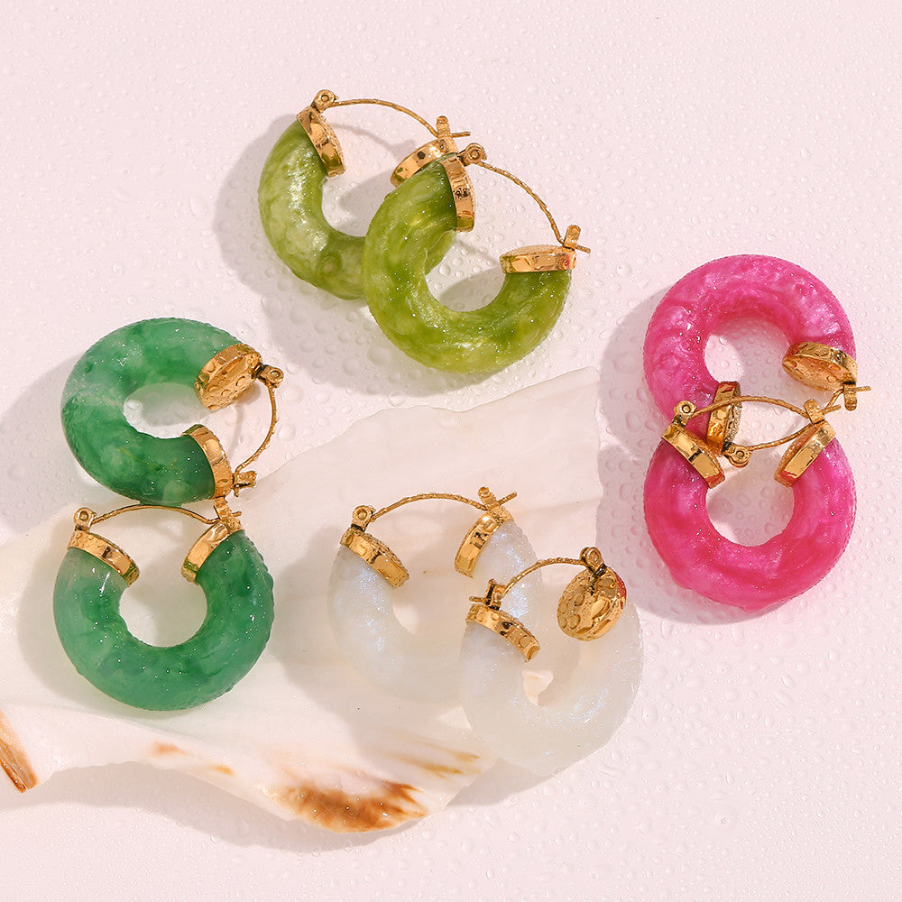 Ladies Acrylic Green Pink White Chunky 18k Gold Stainless Steel Acrylic Hoop Earrings