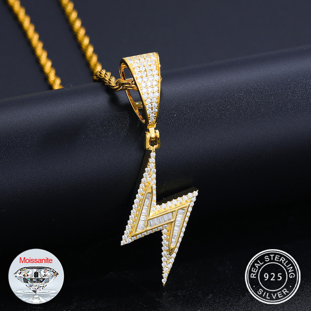 Mens VVS Genuine Diamond Moissanite Hip Hop Lightning Bolt Bling Pendant Chain Necklace