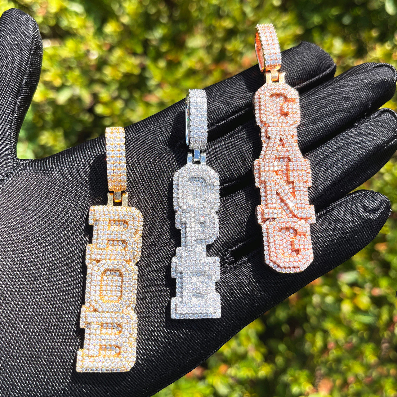 StackedIce | Vertical Cluster Stone Prong Set Custom Nameplate Hip Hop  Pendant