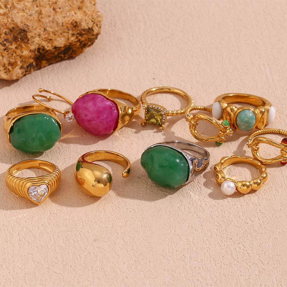 Ladies Oval Amazonite White Jade Heart 18k Gold Waterproof Stainless Steel Rings