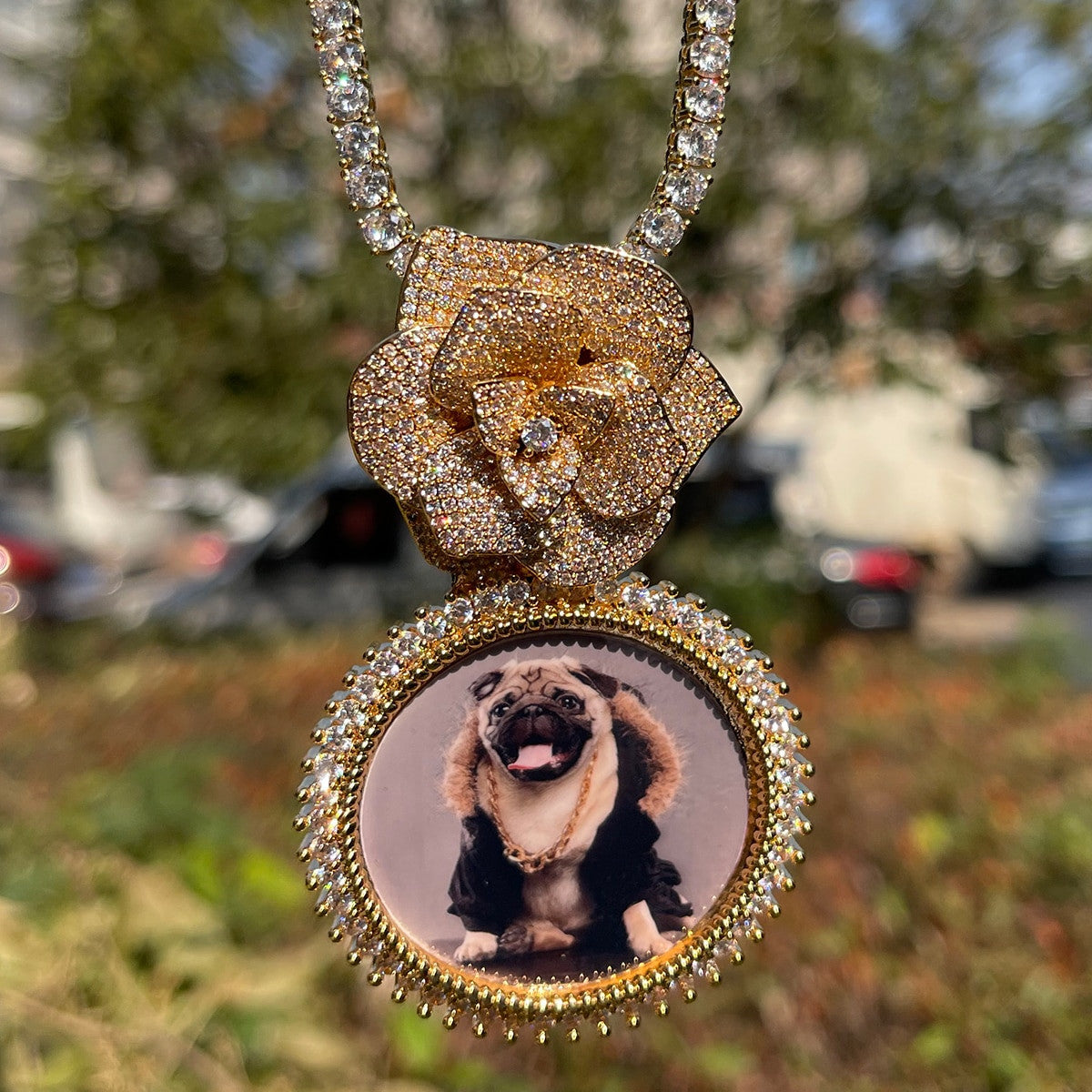 Custom Made Rose Heart Bail Prong Set Stone Photo Picture Pendant Chain Necklace