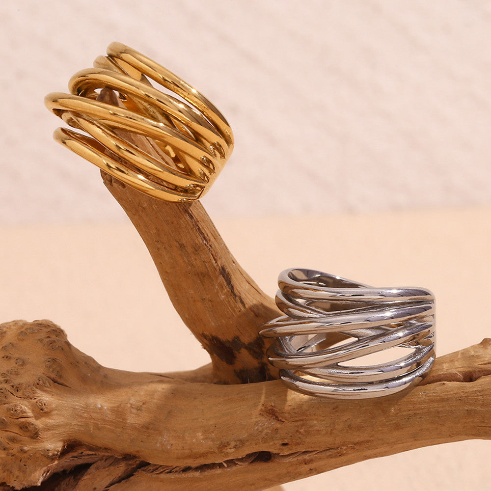 Ladies 18k Gold Silver No Fade Stainless Steel Irregular Woven Winding Waterproof Rings