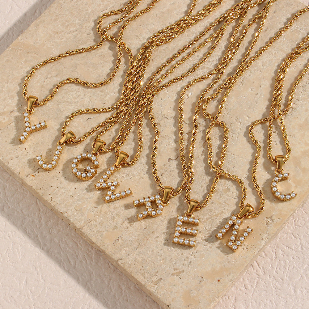 18k Gold No Fade Stainless Steel PVD Tarnish Free Elegant Pearl Letter Necklace