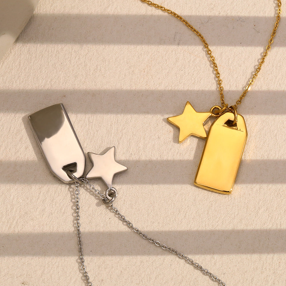 18K Gold Waterproof Stainless Steel Square CZ Moon Star Bling Tarnish Free Pendant