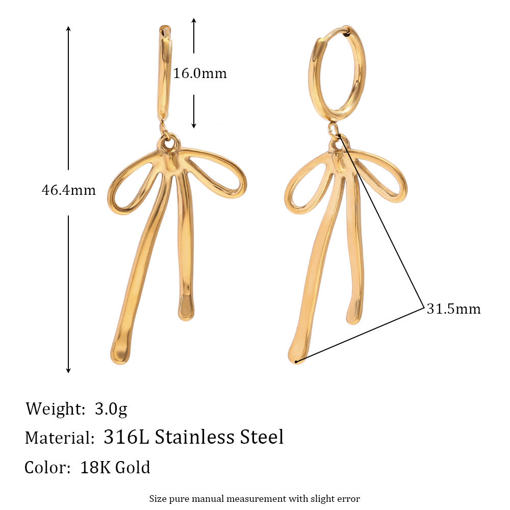 Ladies Cute Long Bow 18k Gold No Fade Waterproof Tarnish Free Hoop Dangle Earrings