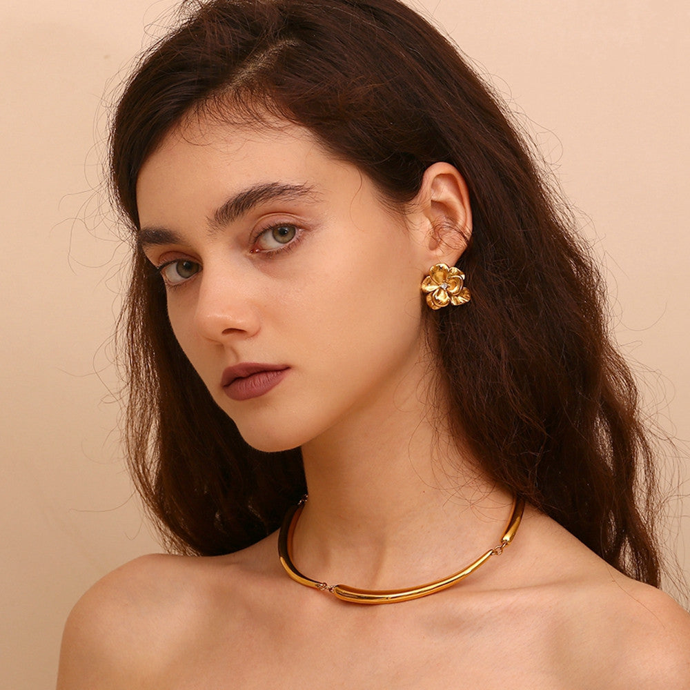 Stainless Steel Retro Flower Double Layer 18k Gold Silver Waterproof Earrings