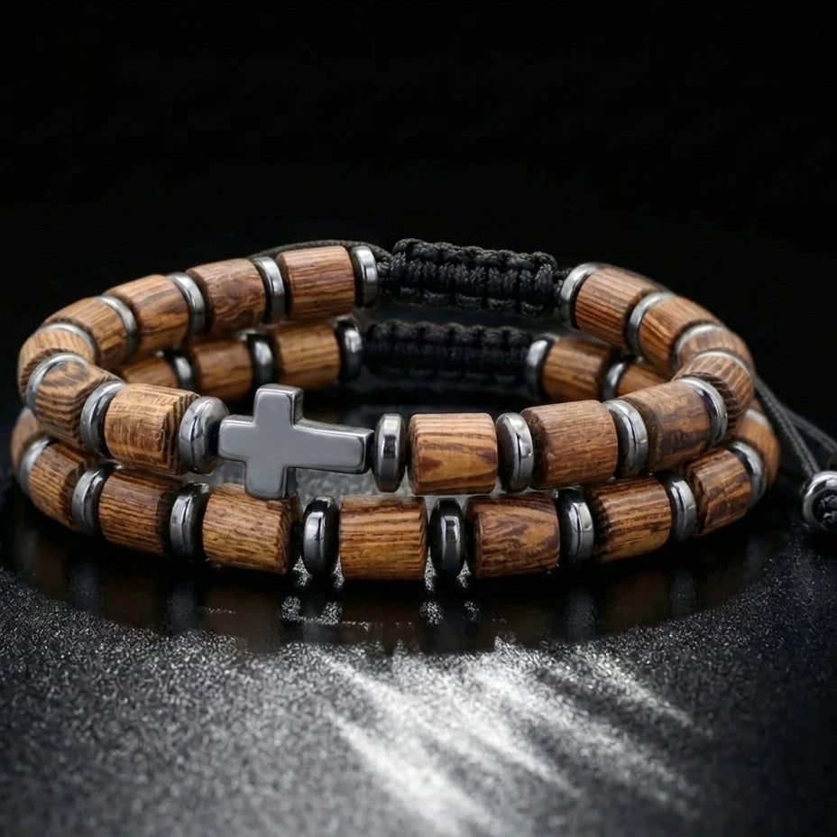 Divine Blessings | Handmade 2 Piece Natural Wooden Gallstone Meditation Cross Bracelet