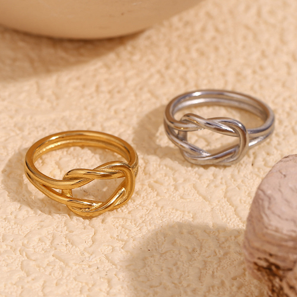 Ladie's 18k Gold Silver Waterproof Simple Knot Double Layered Couple Rings