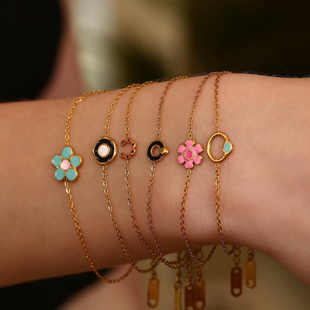 Waterproof Dainty Enamel Flower 18k Gold Stainless Steel Charm Bracelets