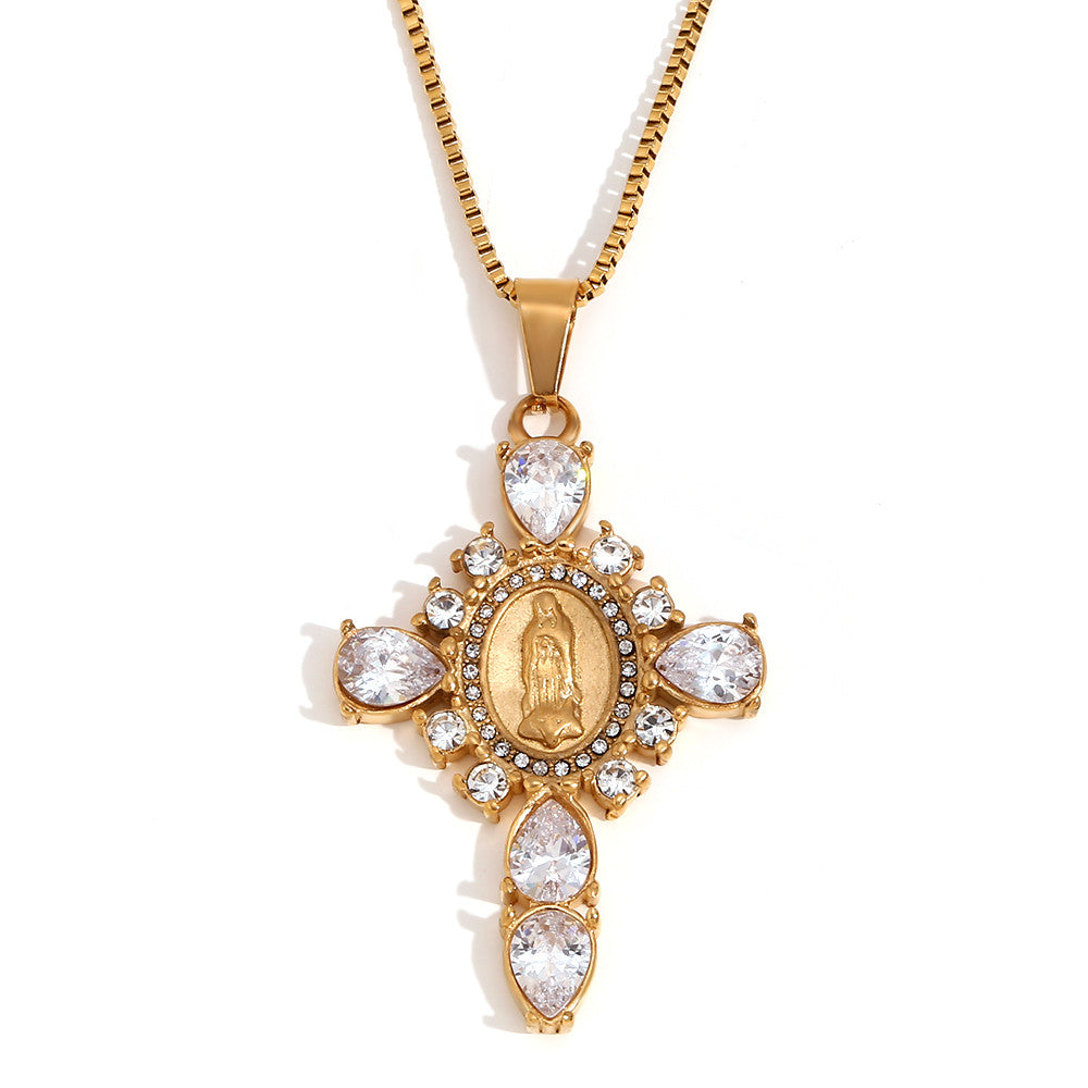 18k Gold Solid Stainless Steel Waterproof Virgin Mary Cross Pendant Necklace