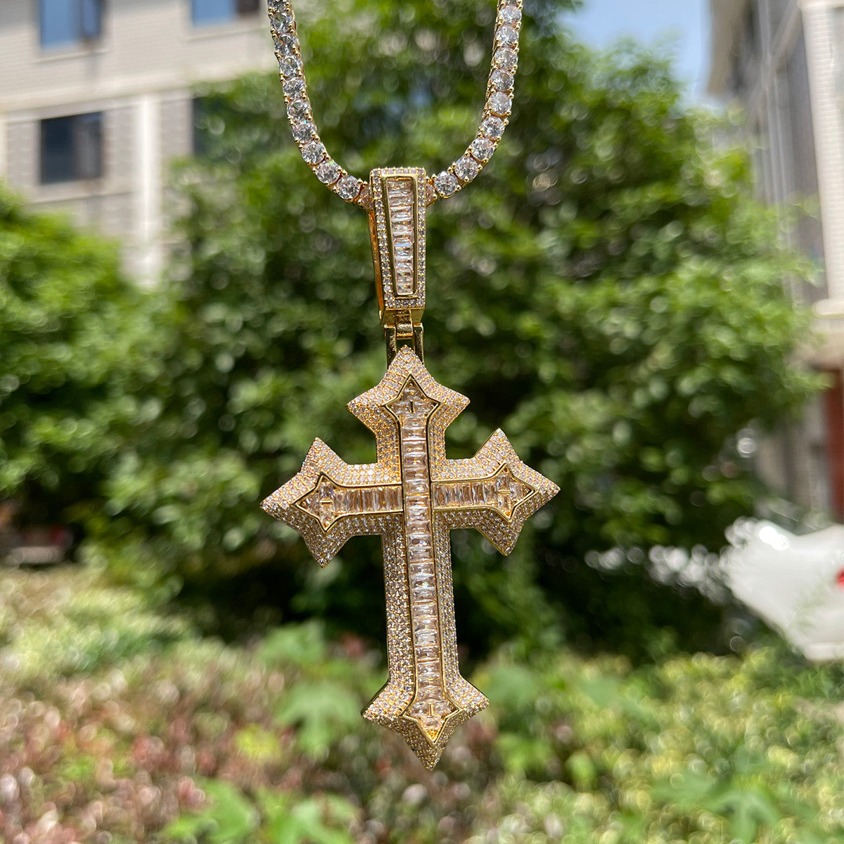 The Arrow Cross | Designer VVS Diamond CZ Baguette Iced Blinged Out Pendant