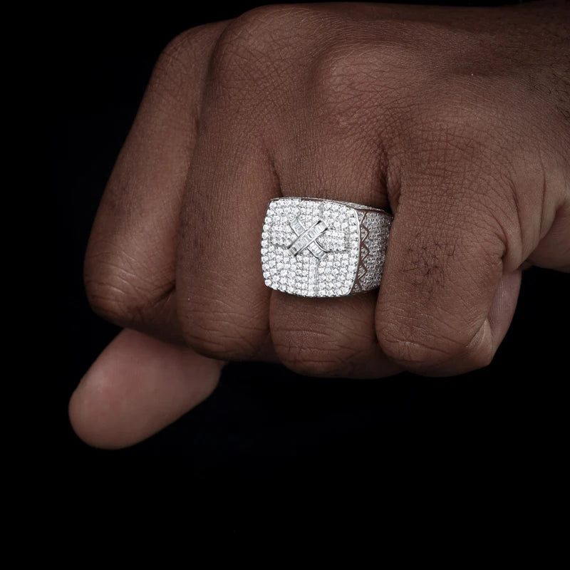 Ribbon Cross Ring | Moissanite Diamond Solid Silver Iced Blinged Out Cross Ring