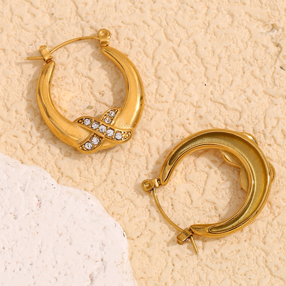 18k Gold Stainless Steel Designer Luxury Crossing X Rhinestone Hoop Bling Earrings