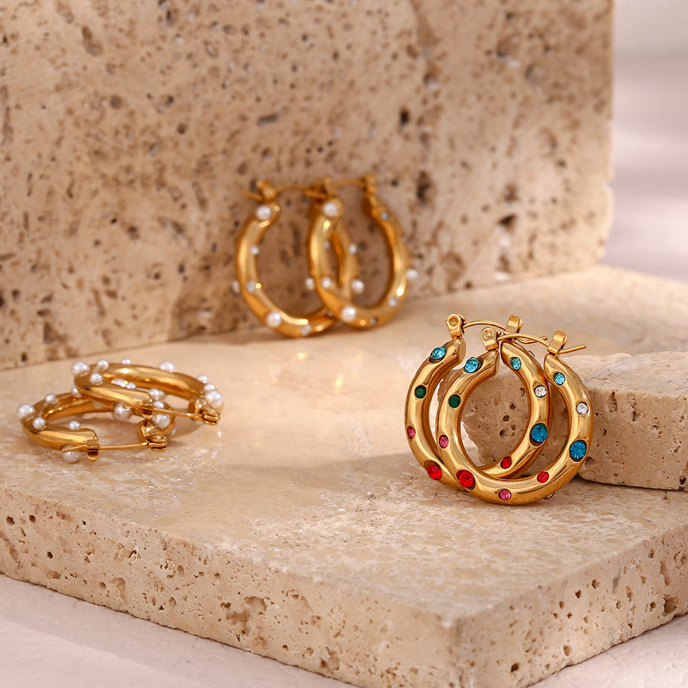 Waterproof 18k Gold  Colorful CZ Stone Pearl Paved Chunky 25MM Medium Size Hoop Earrings